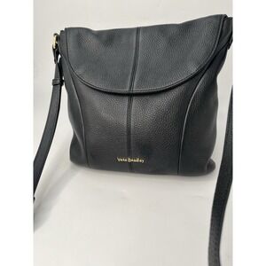 VERA BRADLEY Pebbled Solid Black Leather Floral Crossbody Bag Purse